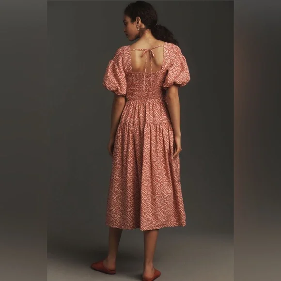 ✨ Anthropologie Puff-Sleeve Smocked Poplin Midi Dress Sz SP - Picture 3 of 6